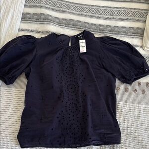 NWT Express Navy Blue Eyelet Puff Sleeve Top Sz S